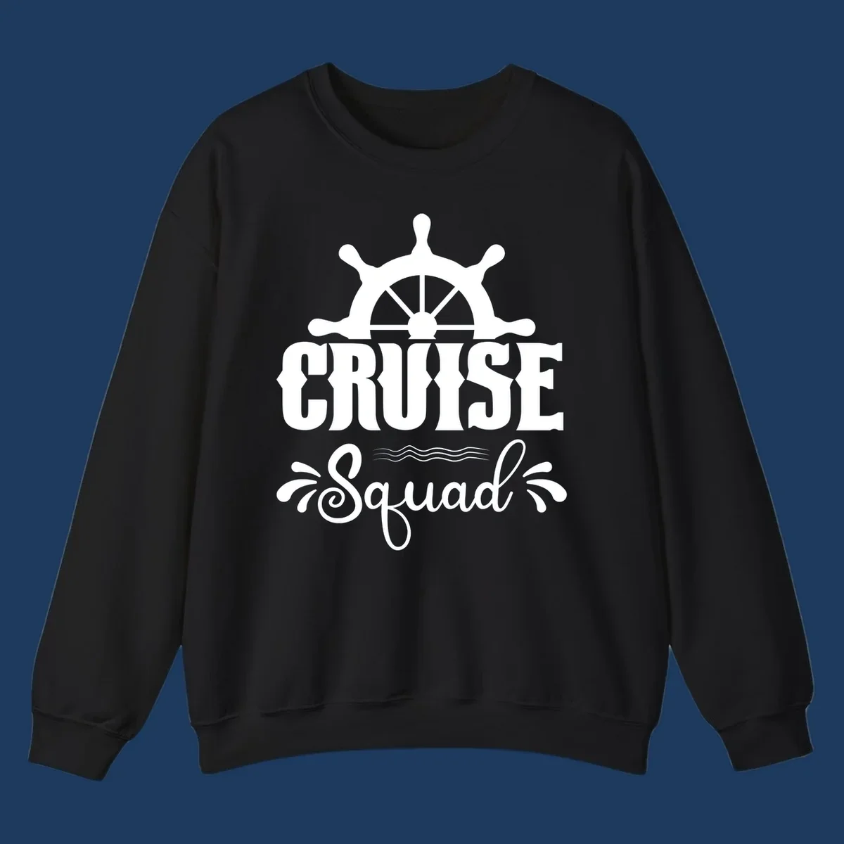 White nautical ship wheel with 'CRUISE SQUAD' text and ocean wave decorative elements on gray background