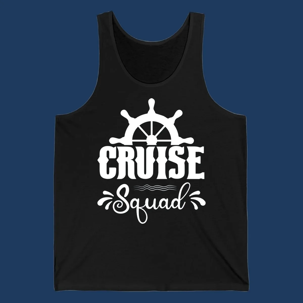 White nautical ship wheel with 'CRUISE SQUAD' text and ocean wave decorative elements on gray background