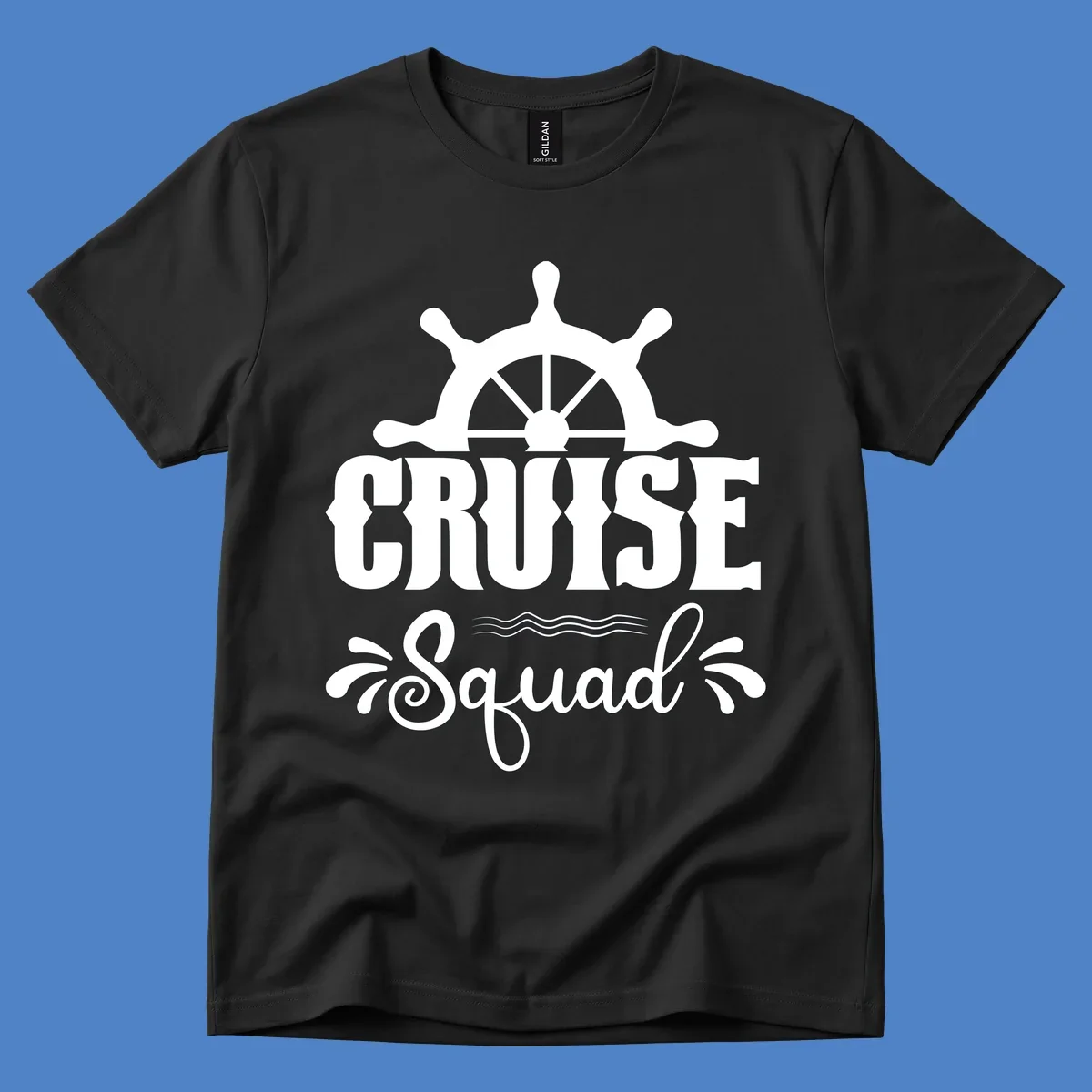 White nautical ship wheel with 'CRUISE SQUAD' text and ocean wave decorative elements on gray background