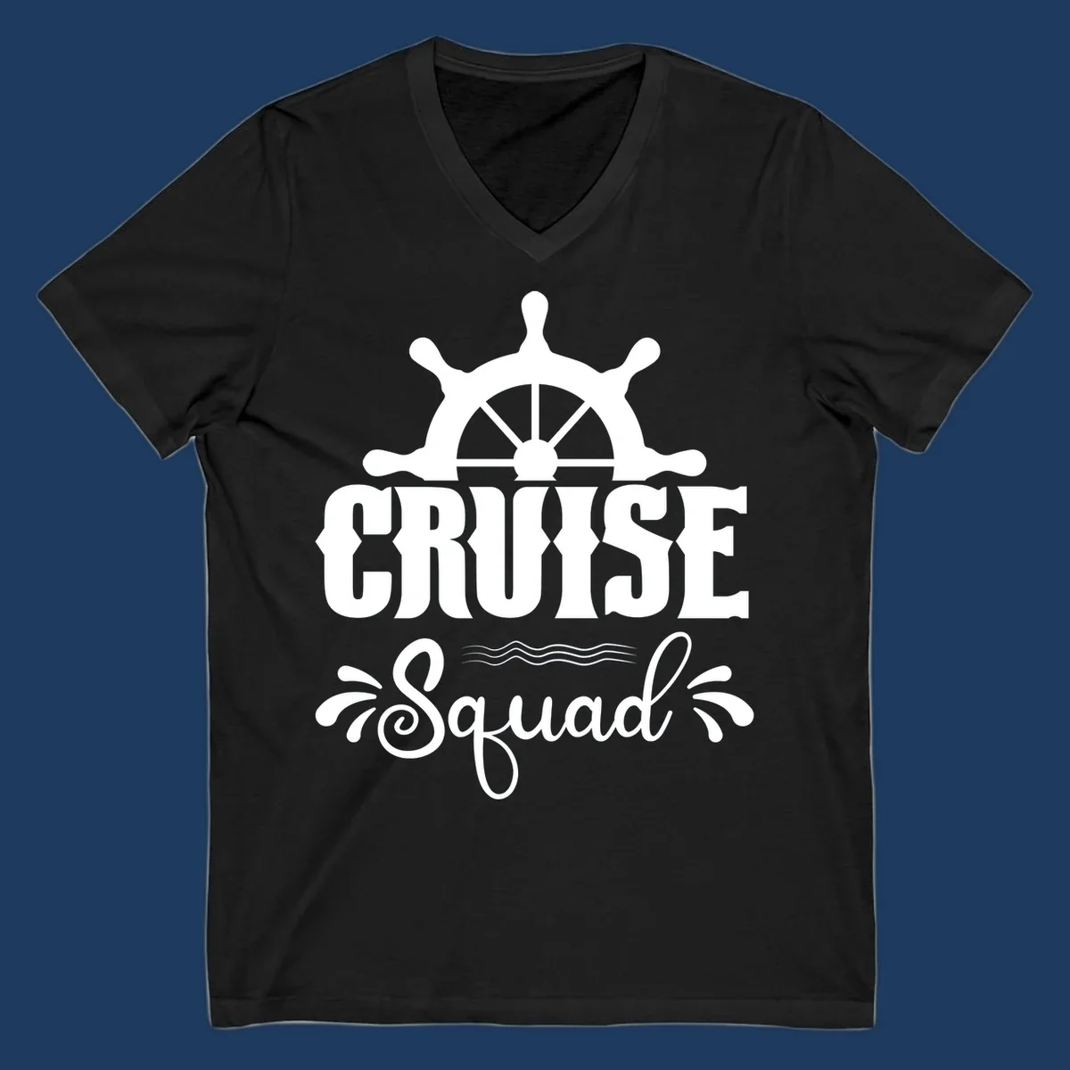 White nautical ship wheel with 'CRUISE SQUAD' text and ocean wave decorative elements on gray background