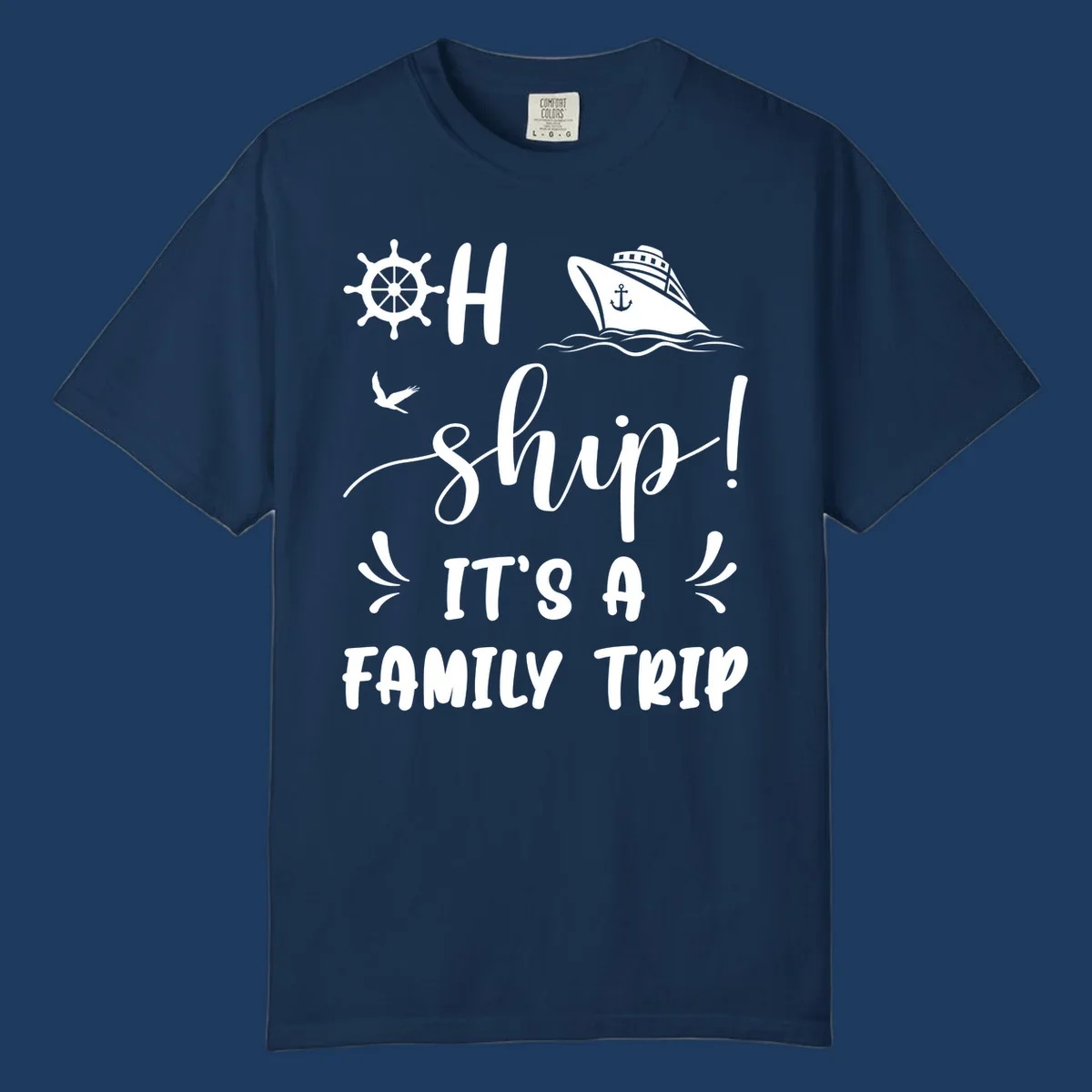 Ahoy ship family cruise design with nautical icons, ship wheel, cruise ship, and seagull graphics with text