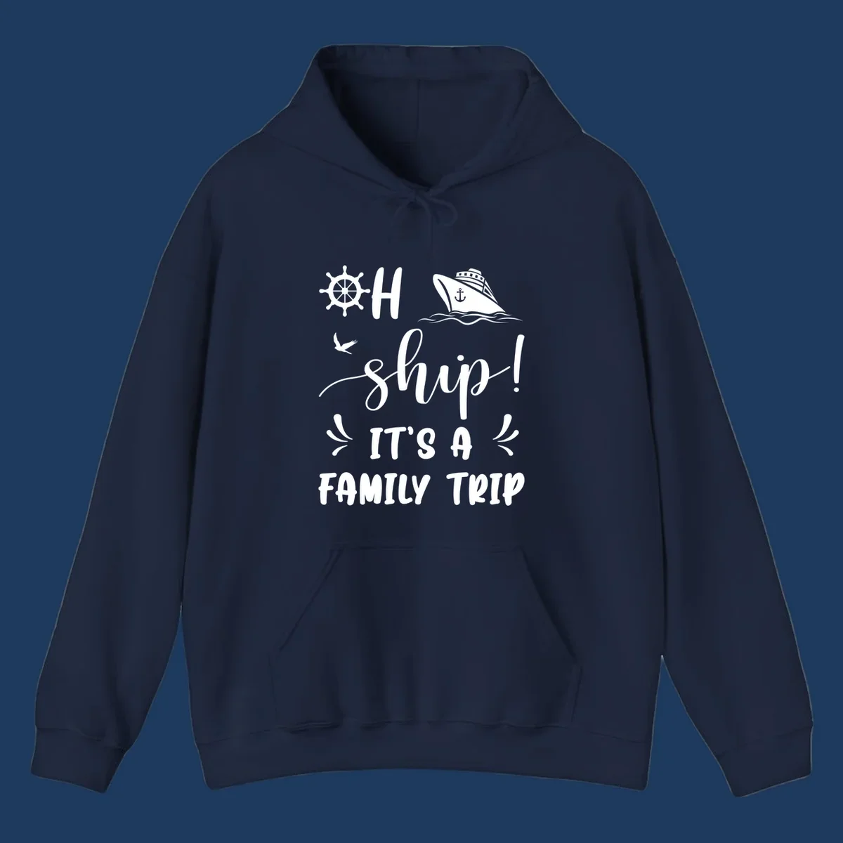 Ahoy ship family cruise design with nautical icons, ship wheel, cruise ship, and seagull graphics with text