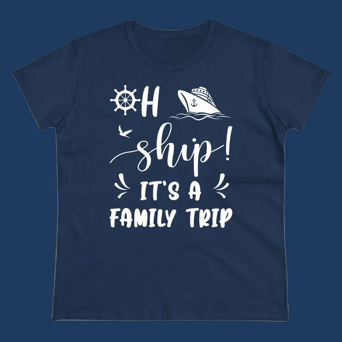 Ahoy ship family cruise design with nautical icons, ship wheel, cruise ship, and seagull graphics with text
