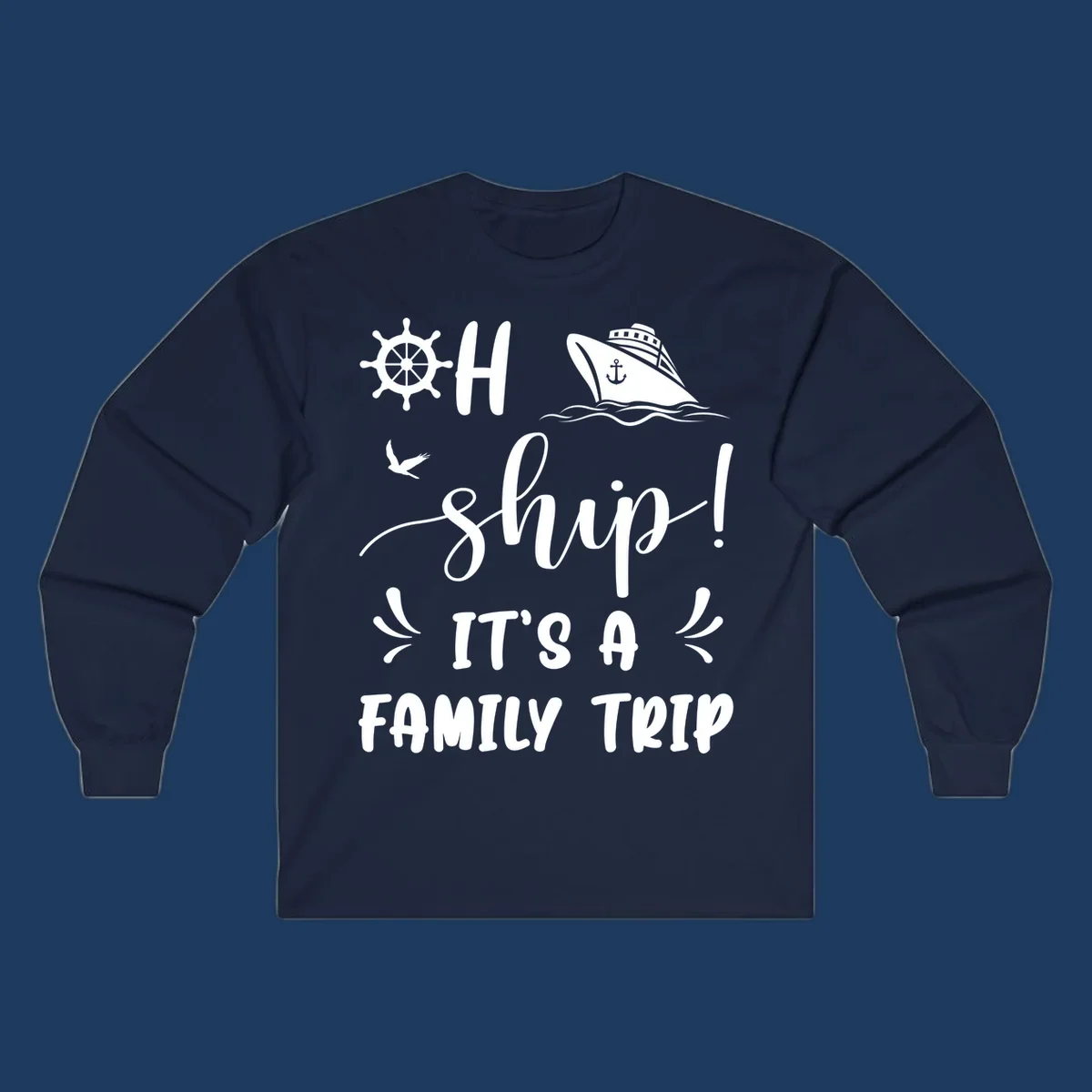 Ahoy ship family cruise design with nautical icons, ship wheel, cruise ship, and seagull graphics with text
