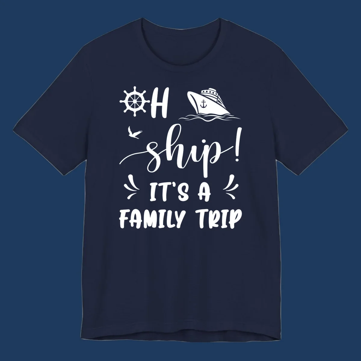 Ahoy ship family cruise design with nautical icons, ship wheel, cruise ship, and seagull graphics with text