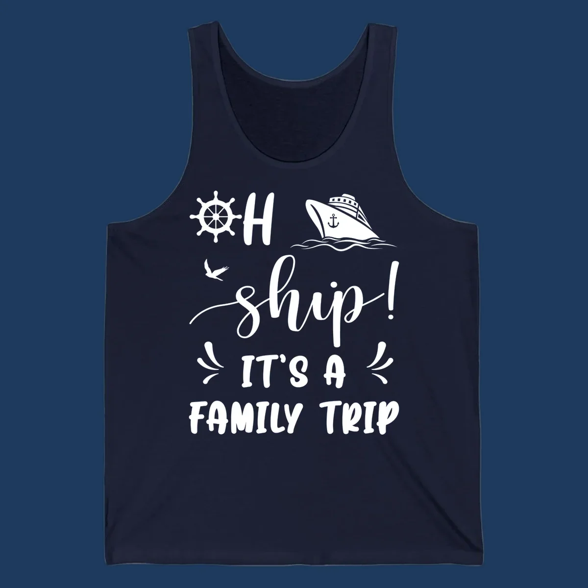 Ahoy ship family cruise design with nautical icons, ship wheel, cruise ship, and seagull graphics with text