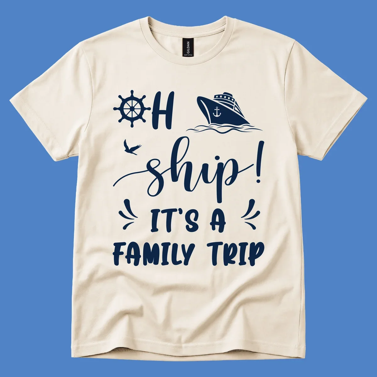 Ahoy ship family cruise design with nautical icons, ship wheel, cruise ship, and seagull graphics with text