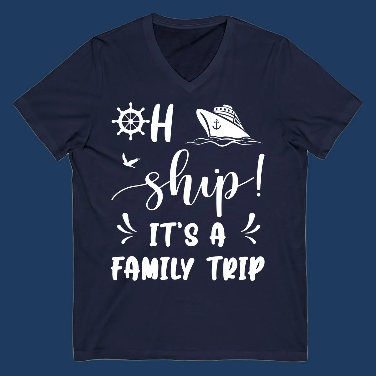 Ahoy ship family cruise design with nautical icons, ship wheel, cruise ship, and seagull graphics with text