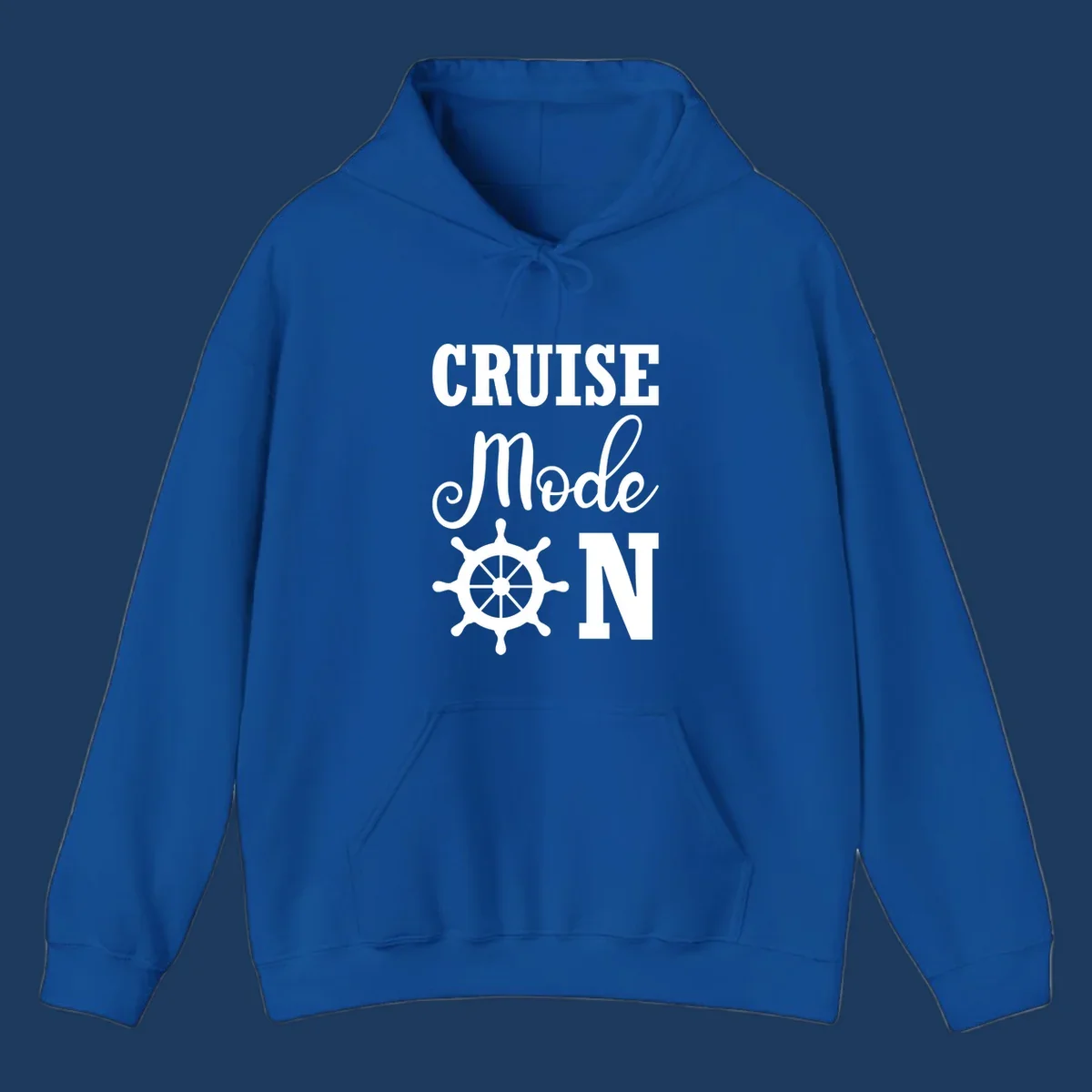 White ship wheel with cruise mode text design on gray background for nautical vacation apparel