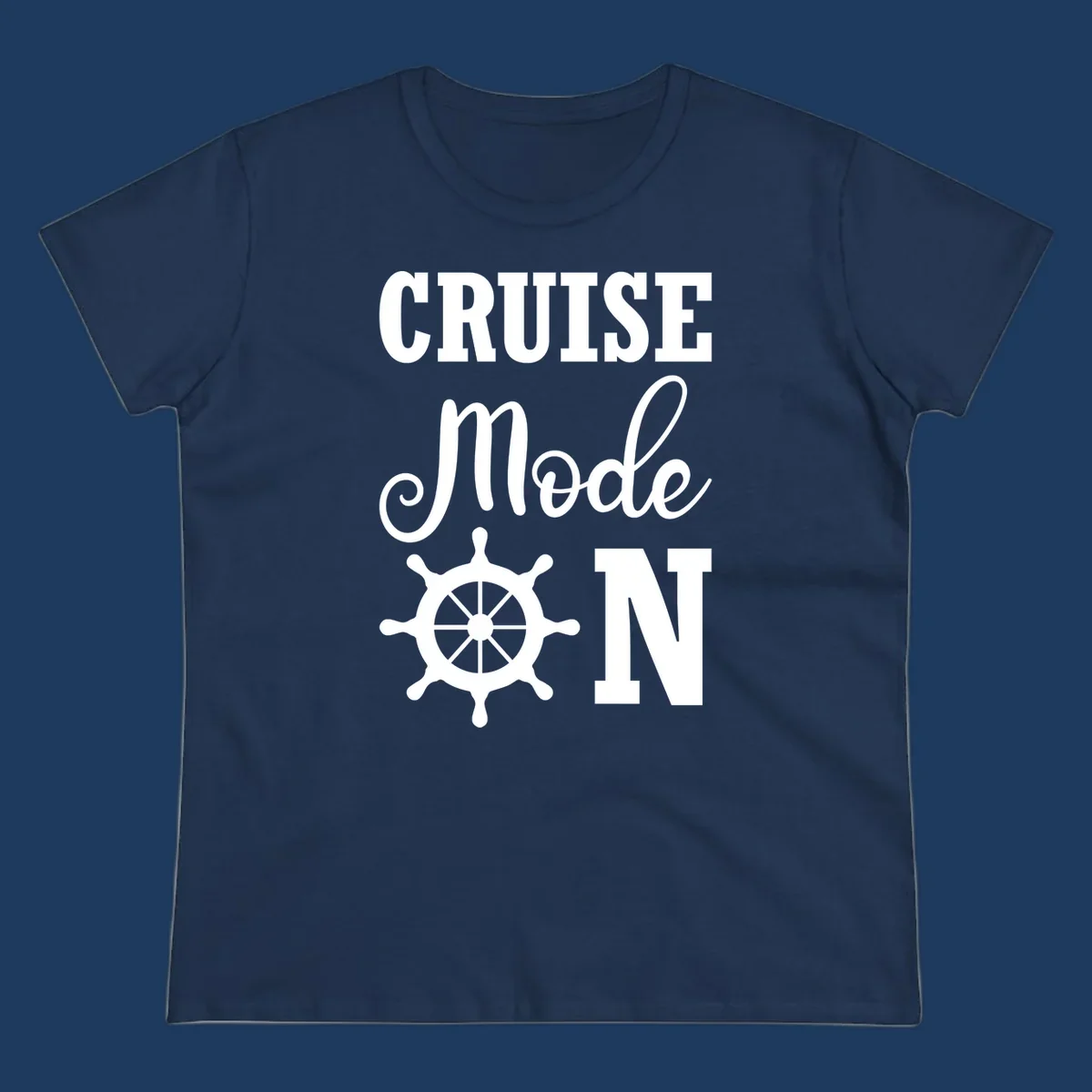White ship wheel with cruise mode text design on gray background for nautical vacation apparel