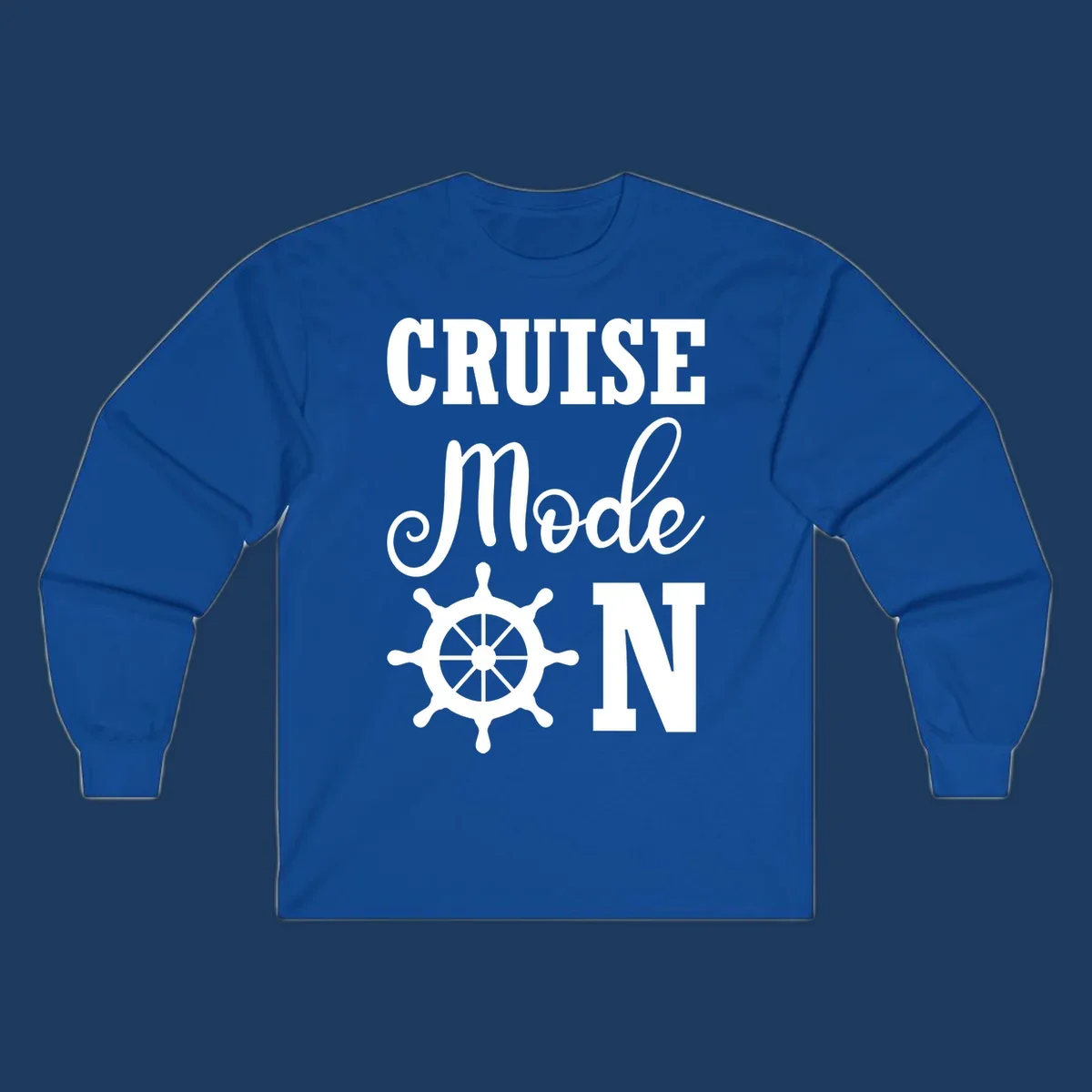 White ship wheel with cruise mode text design on gray background for nautical vacation apparel