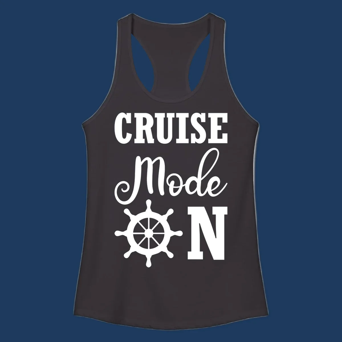 White ship wheel with cruise mode text design on gray background for nautical vacation apparel