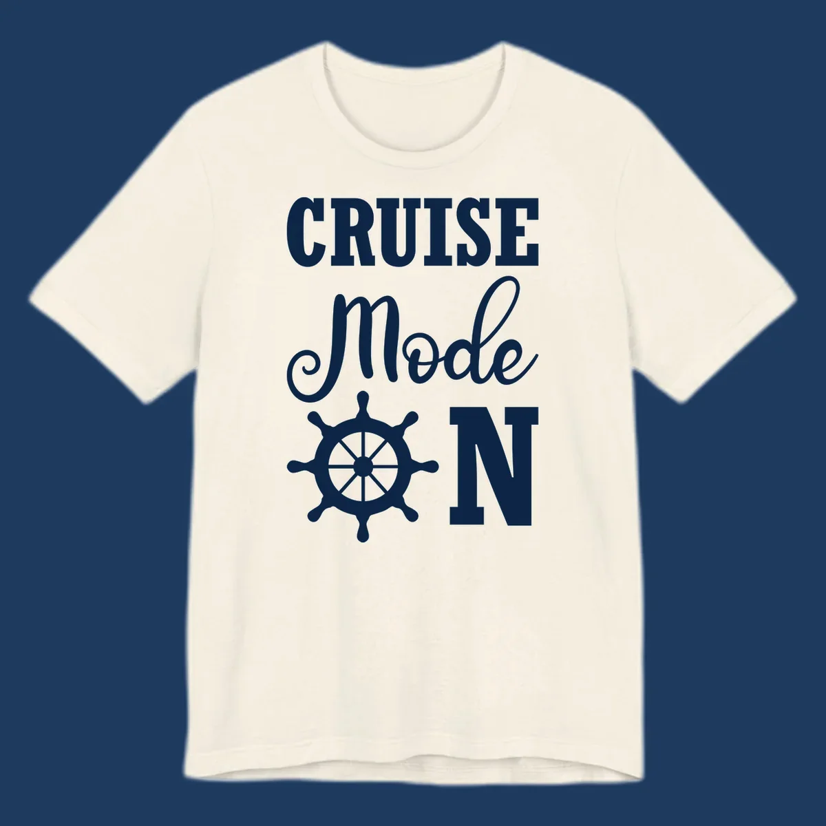 White ship wheel with cruise mode text design on gray background for nautical vacation apparel