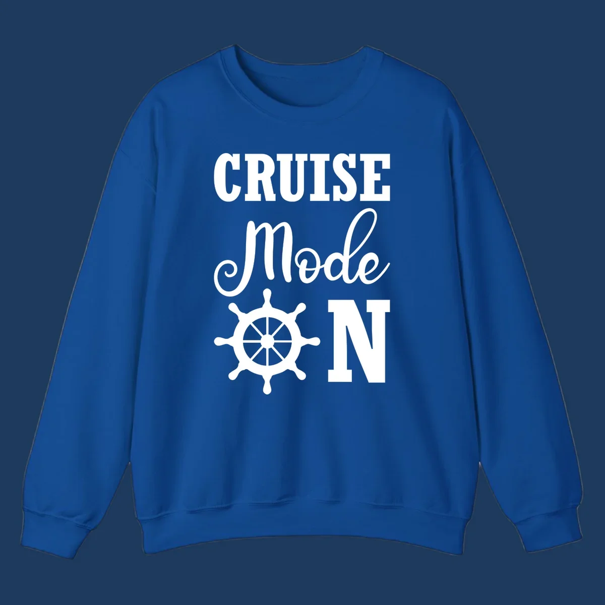 White ship wheel with cruise mode text design on gray background for nautical vacation apparel