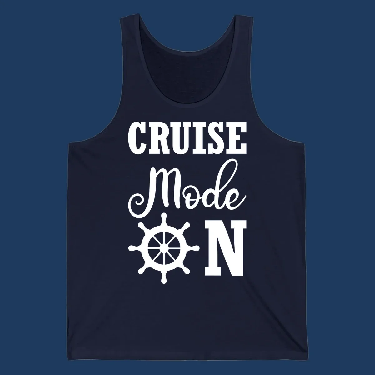 White ship wheel with cruise mode text design on gray background for nautical vacation apparel