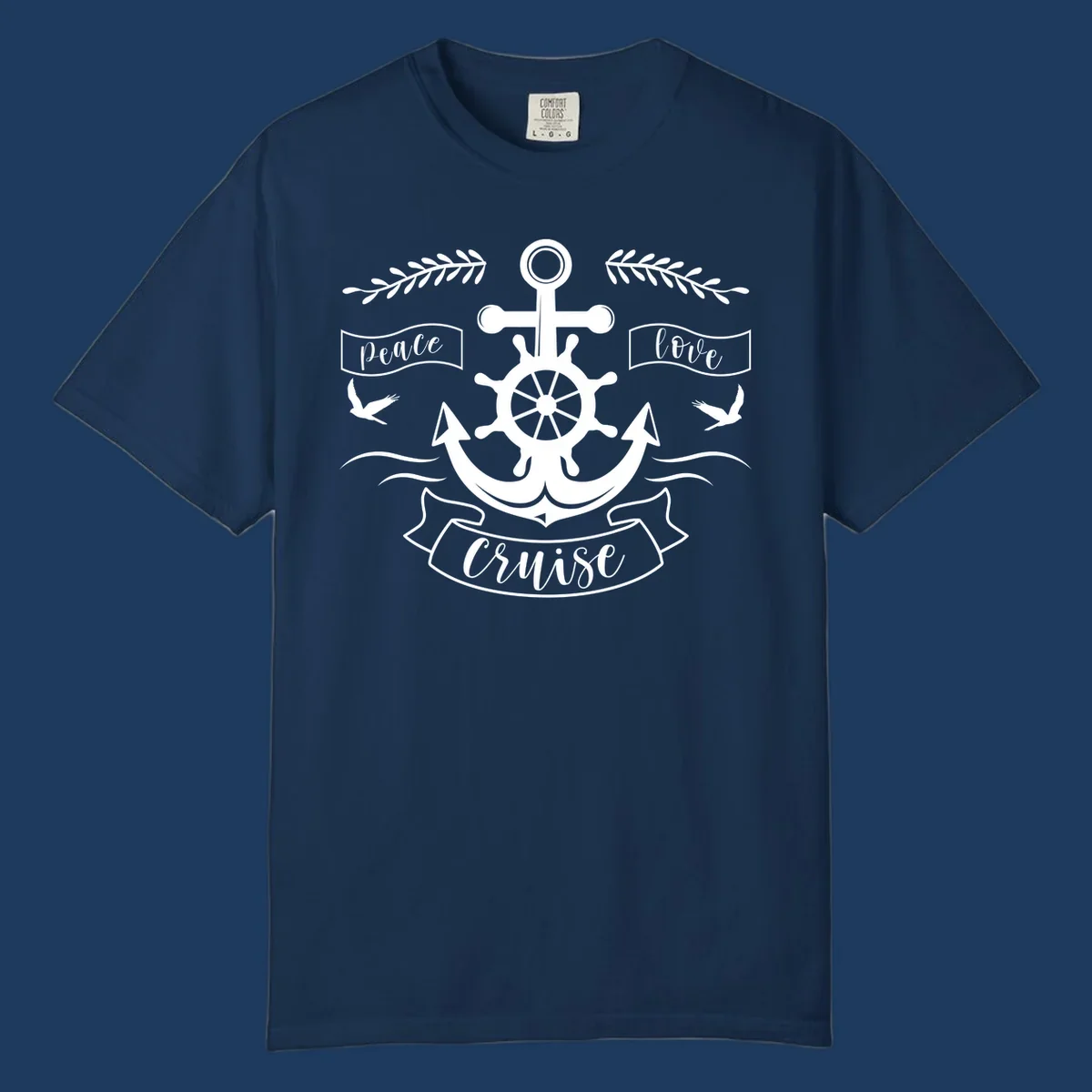 White nautical design with anchor, ship wheel, cross, doves, and 'Peace Love Cruise' text on gray background