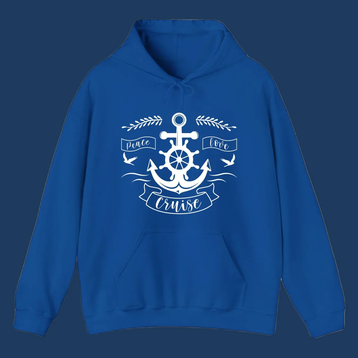 White nautical design with anchor, ship wheel, cross, doves, and 'Peace Love Cruise' text on gray background