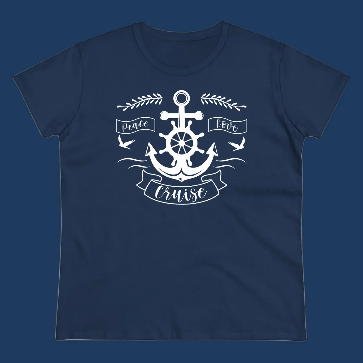 White nautical design with anchor, ship wheel, cross, doves, and 'Peace Love Cruise' text on gray background