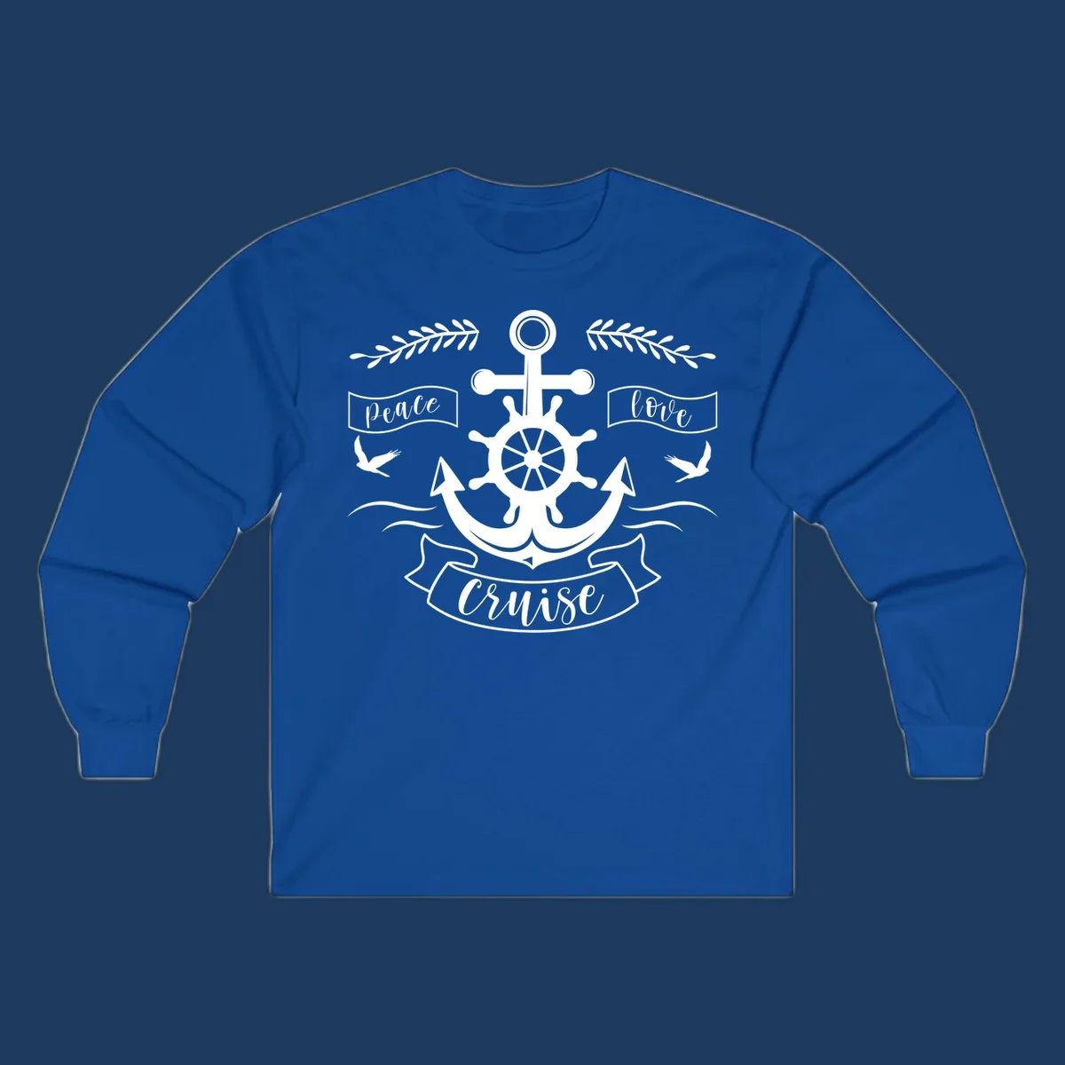 White nautical design with anchor, ship wheel, cross, doves, and 'Peace Love Cruise' text on gray background