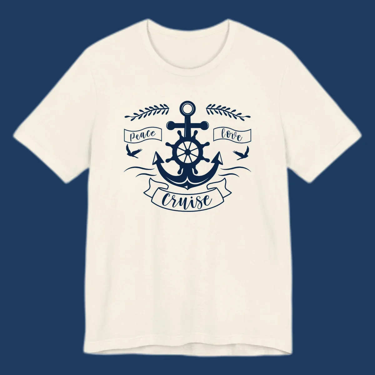 White nautical design with anchor, ship wheel, cross, doves, and 'Peace Love Cruise' text on gray background