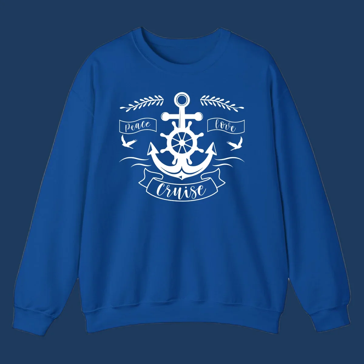 White nautical design with anchor, ship wheel, cross, doves, and 'Peace Love Cruise' text on gray background