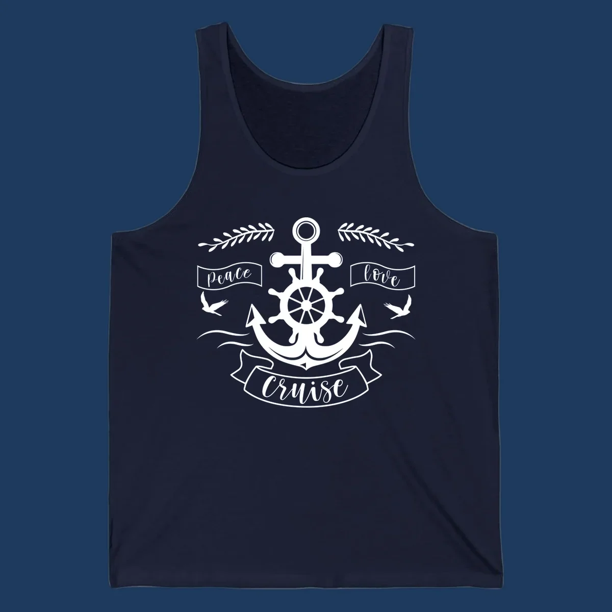 White nautical design with anchor, ship wheel, cross, doves, and 'Peace Love Cruise' text on gray background