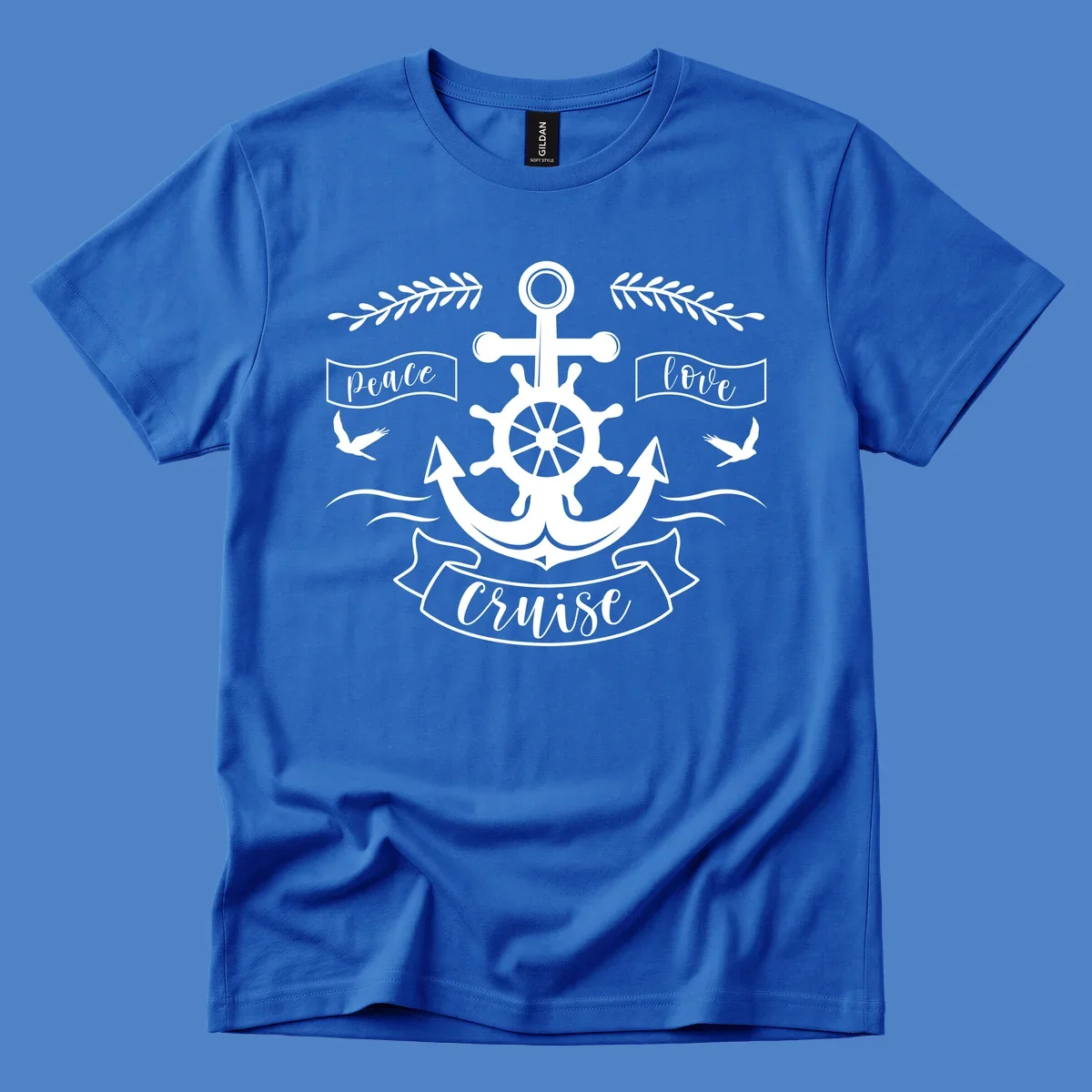 White nautical design with anchor, ship wheel, cross, doves, and 'Peace Love Cruise' text on gray background