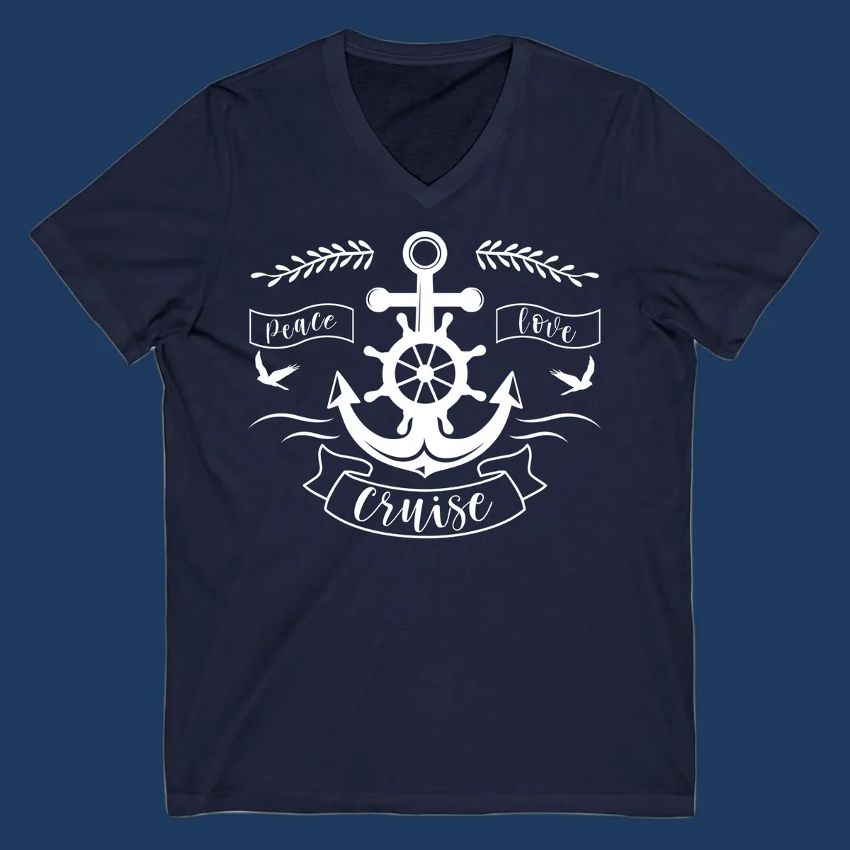 White nautical design with anchor, ship wheel, cross, doves, and 'Peace Love Cruise' text on gray background