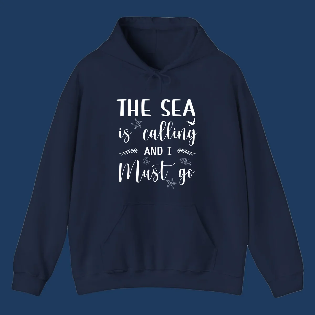 Gray design with white text reading 'The Sea is calling and I must go' surrounded by starfish, seashells, seaweed, and seabird illustrations