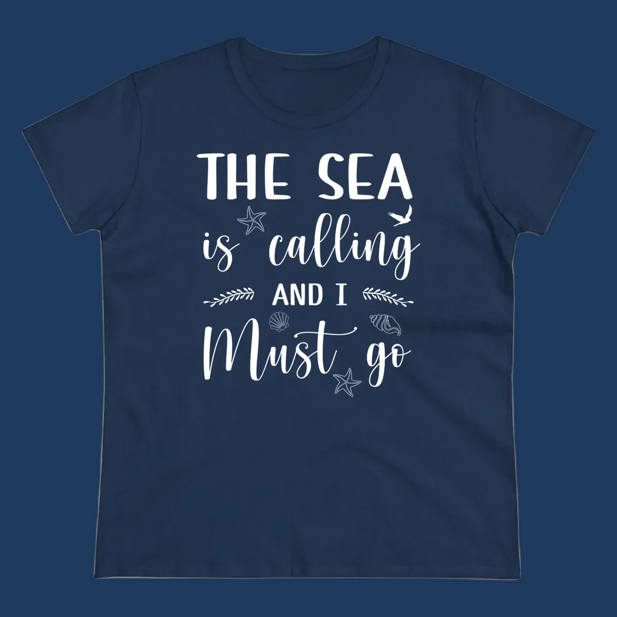 Gray design with white text reading 'The Sea is calling and I must go' surrounded by starfish, seashells, seaweed, and seabird illustrations