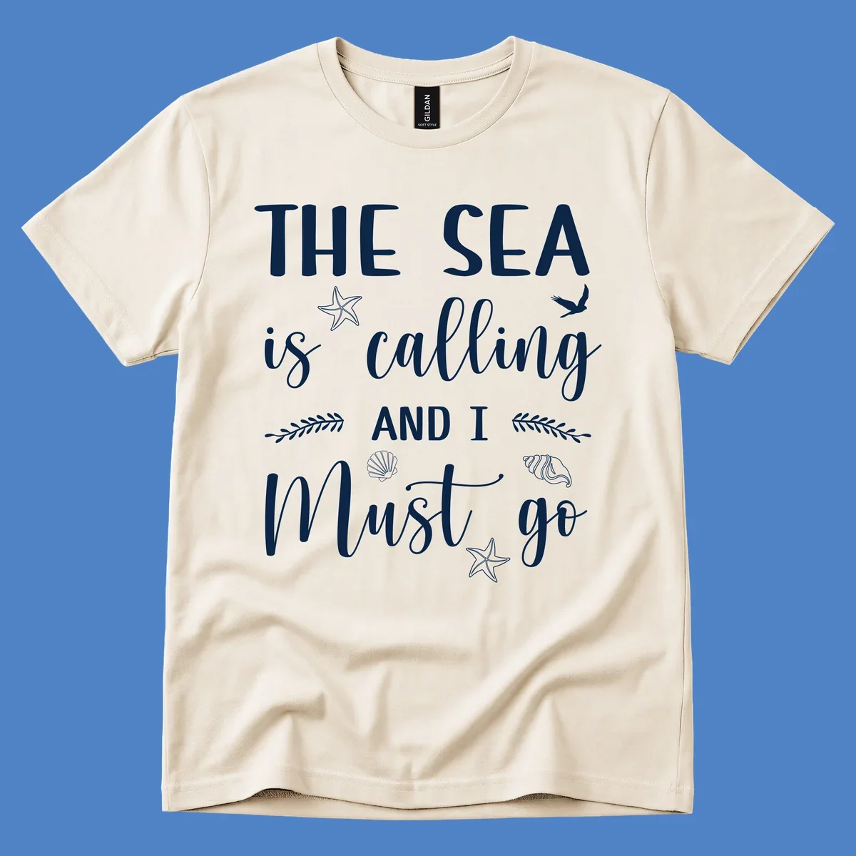 Gray design with white text reading 'The Sea is calling and I must go' surrounded by starfish, seashells, seaweed, and seabird illustrations
