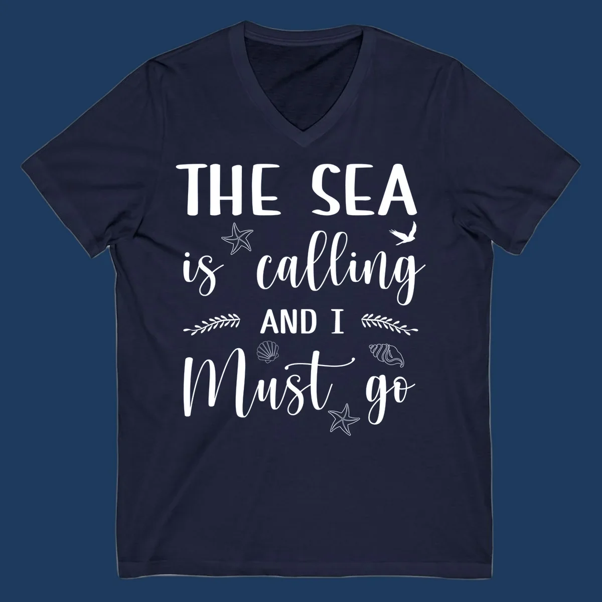 Gray design with white text reading 'The Sea is calling and I must go' surrounded by starfish, seashells, seaweed, and seabird illustrations