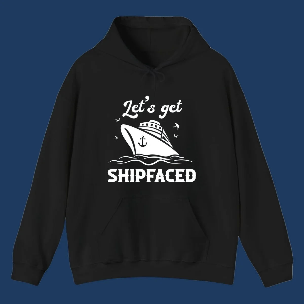 White cruise ship with anchor on gray background, text reads 'Let's get Shipfaced' with seagulls and ocean waves