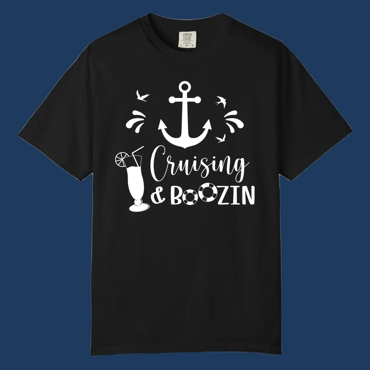 Cruising and boozing nautical design with anchor, seagulls, cocktail, and life preservers on gray background