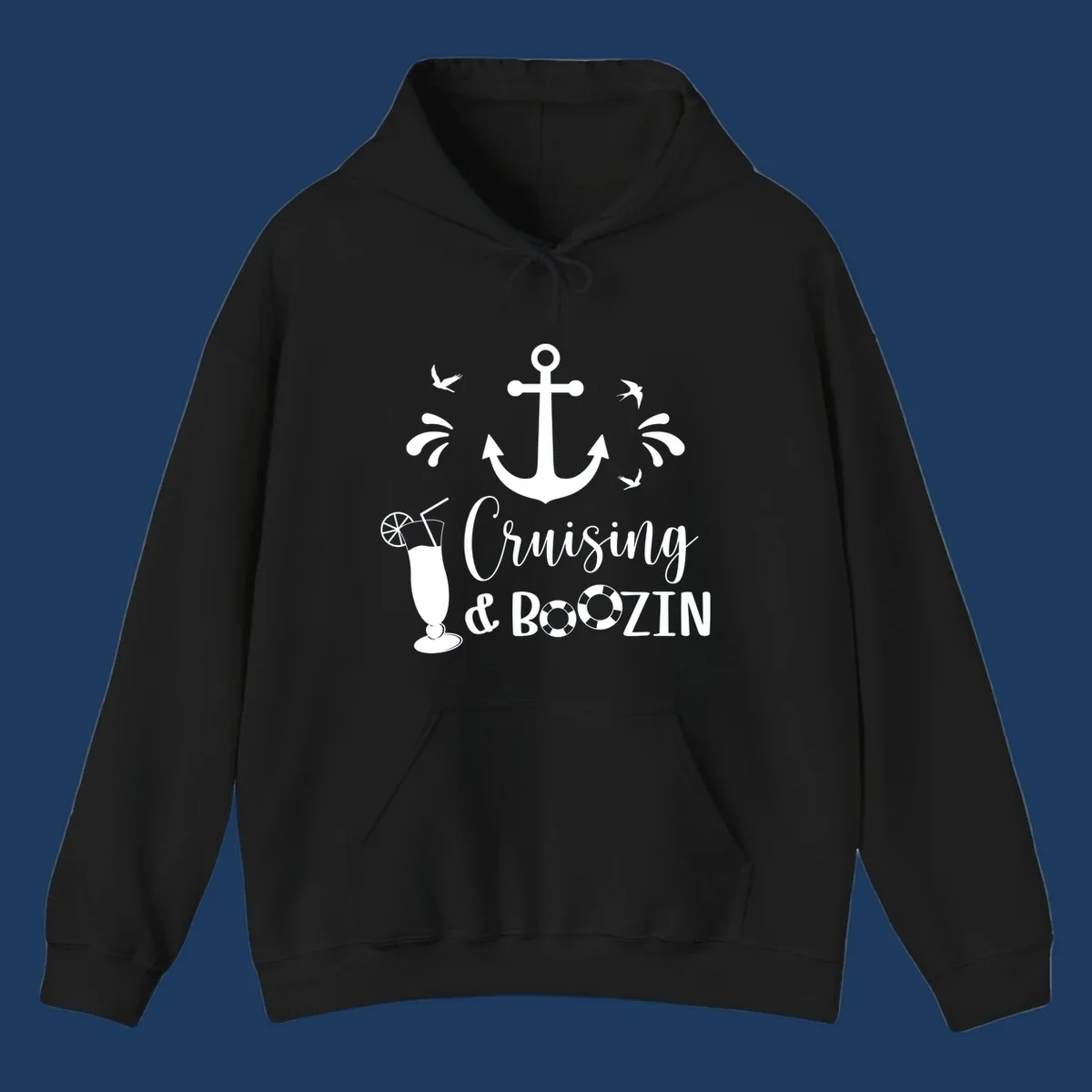 Cruising and boozing nautical design with anchor, seagulls, cocktail, and life preservers on gray background