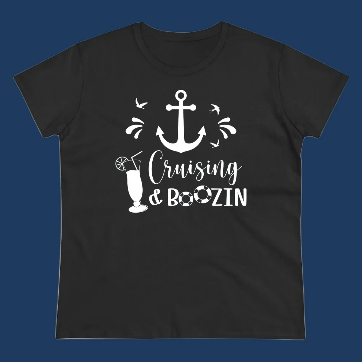 Cruising and boozing nautical design with anchor, seagulls, cocktail, and life preservers on gray background