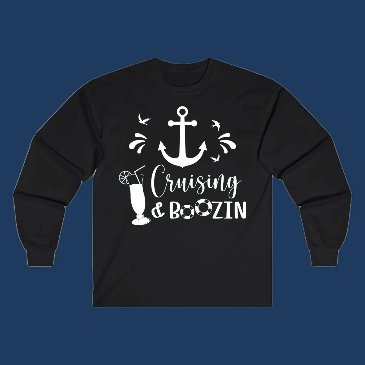 Cruising and boozing nautical design with anchor, seagulls, cocktail, and life preservers on gray background
