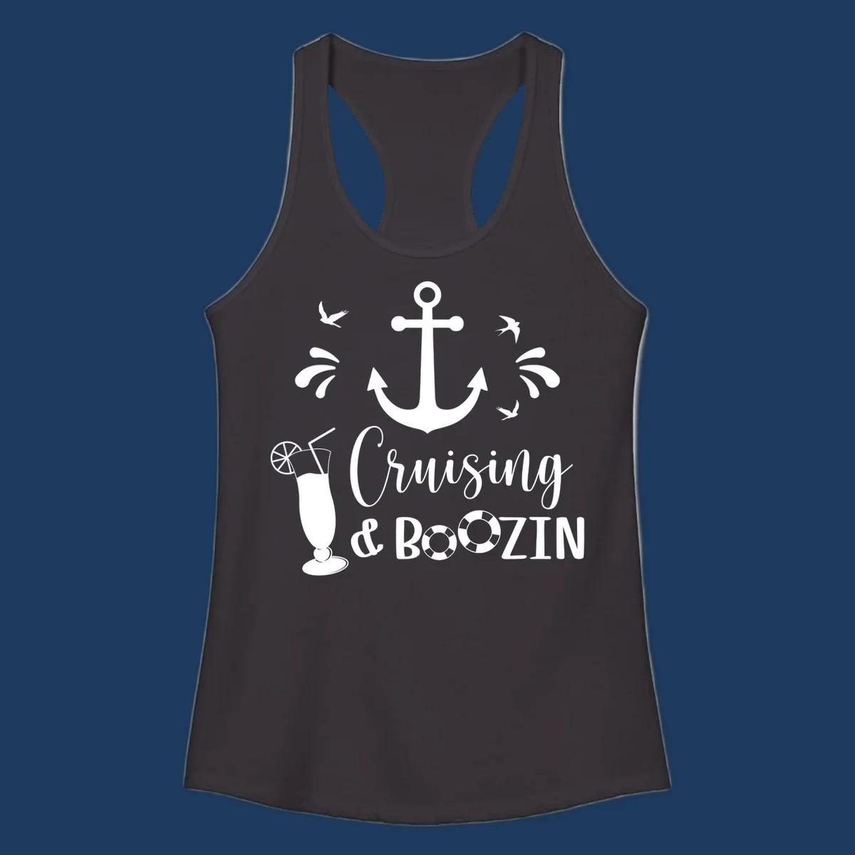 Cruising and boozing nautical design with anchor, seagulls, cocktail, and life preservers on gray background