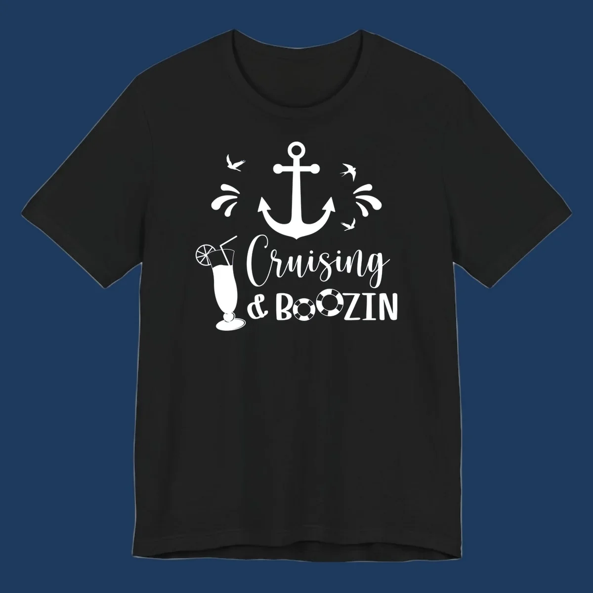 Cruising and boozing nautical design with anchor, seagulls, cocktail, and life preservers on gray background