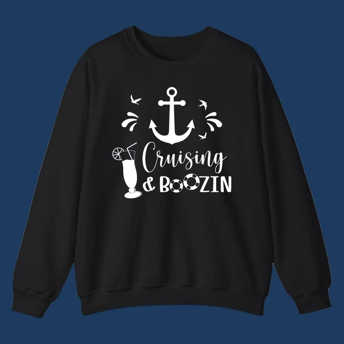Cruising and boozing nautical design with anchor, seagulls, cocktail, and life preservers on gray background
