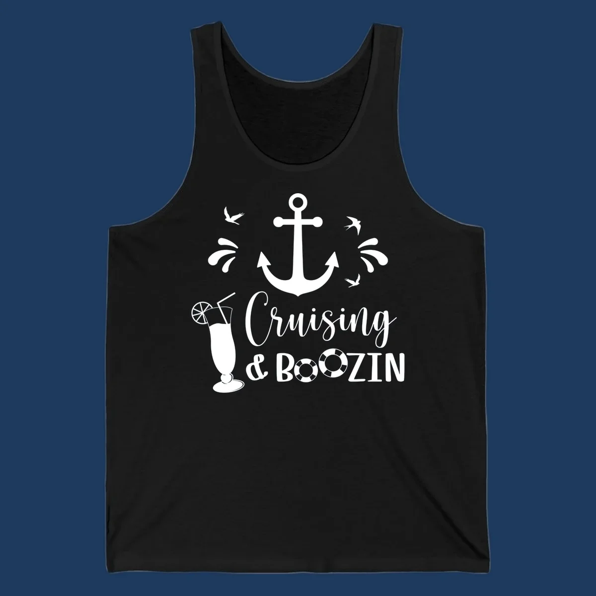 Cruising and boozing nautical design with anchor, seagulls, cocktail, and life preservers on gray background