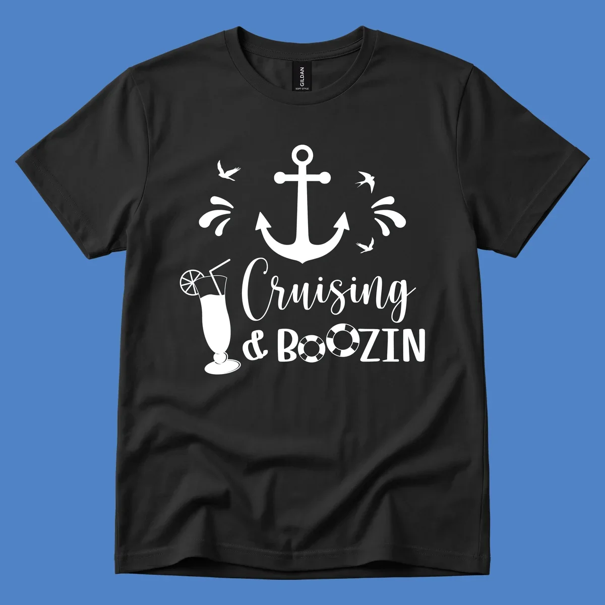 Cruising and boozing nautical design with anchor, seagulls, cocktail, and life preservers on gray background