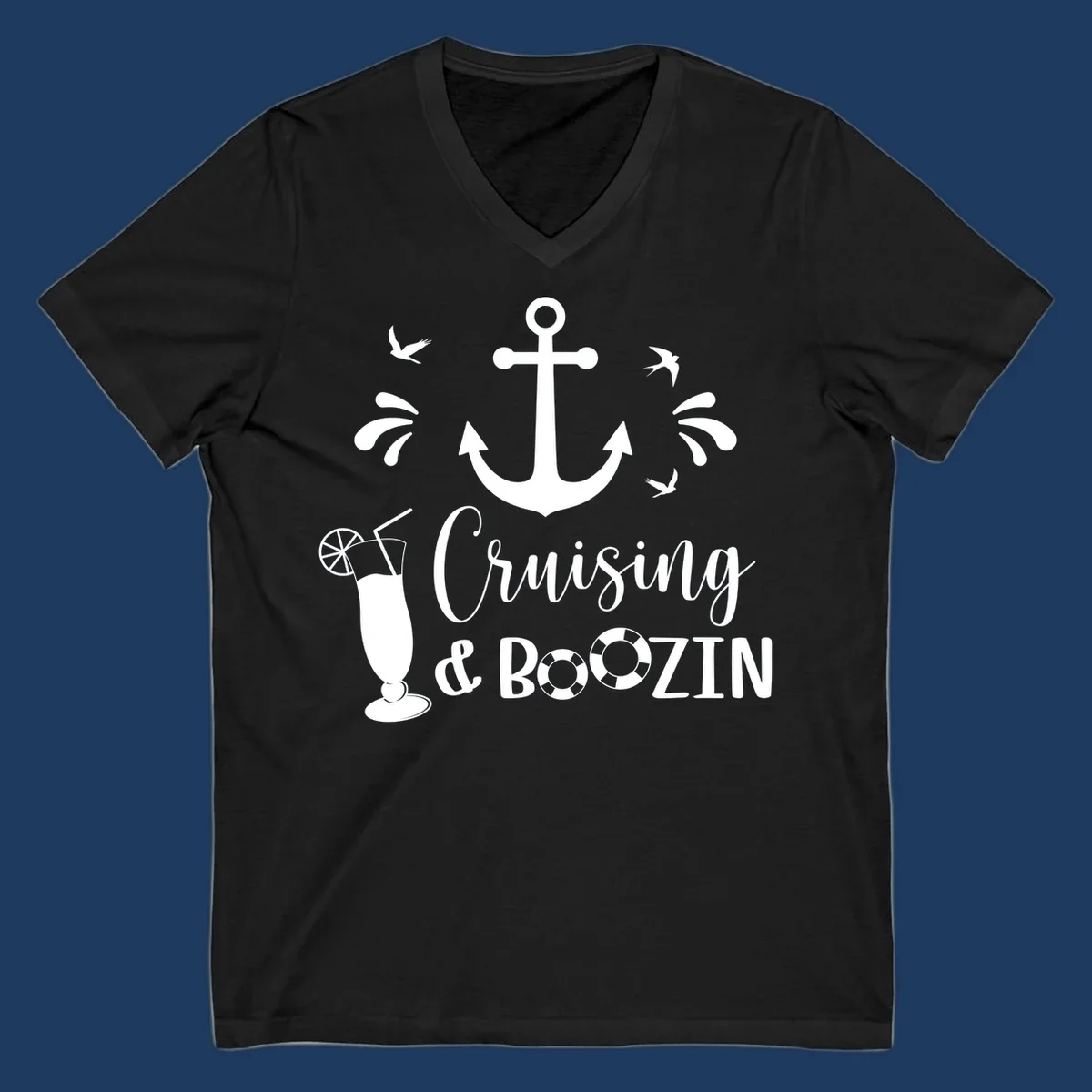 Cruising and boozing nautical design with anchor, seagulls, cocktail, and life preservers on gray background