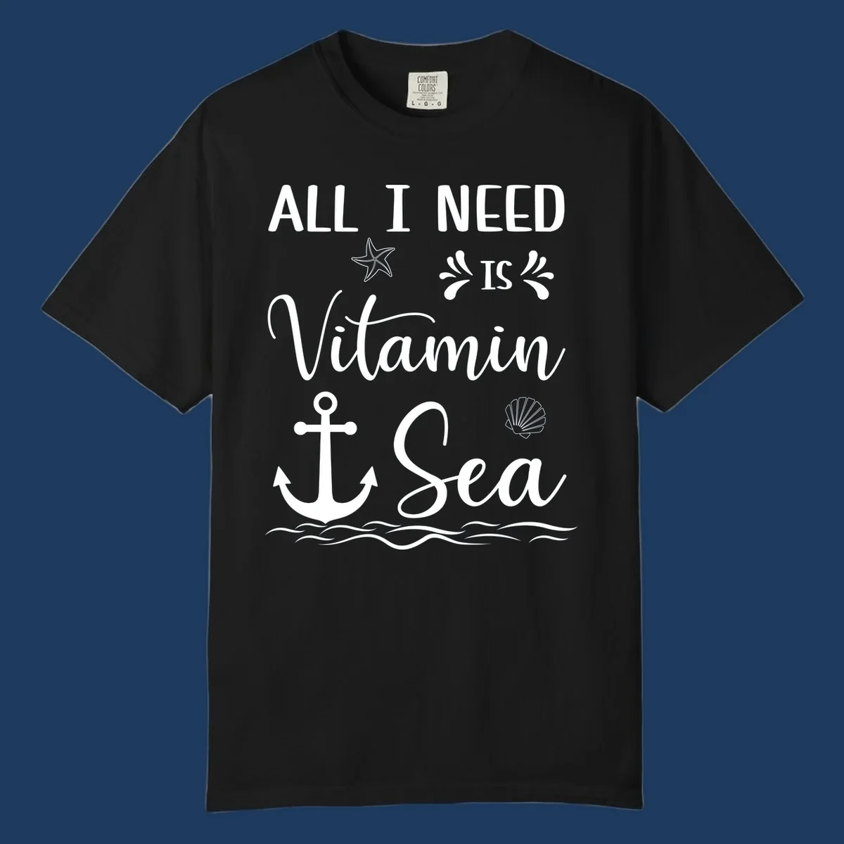 Vitamin sea cruise design with white anchor, starfish, seashell, and waves on gray background