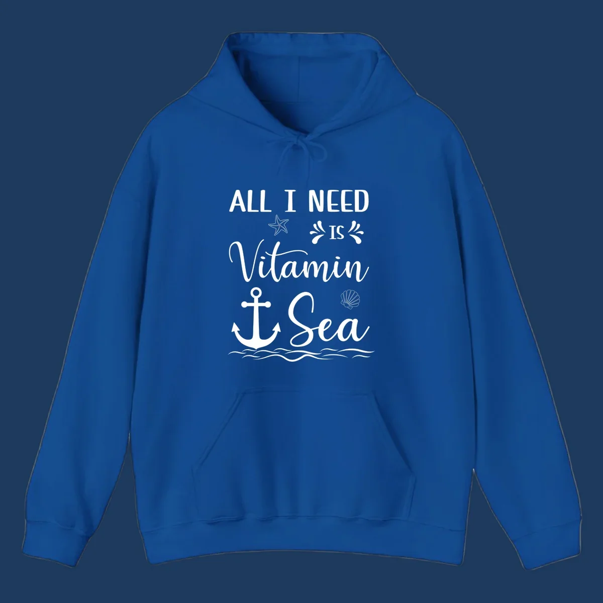 Vitamin sea cruise design with white anchor, starfish, seashell, and waves on gray background