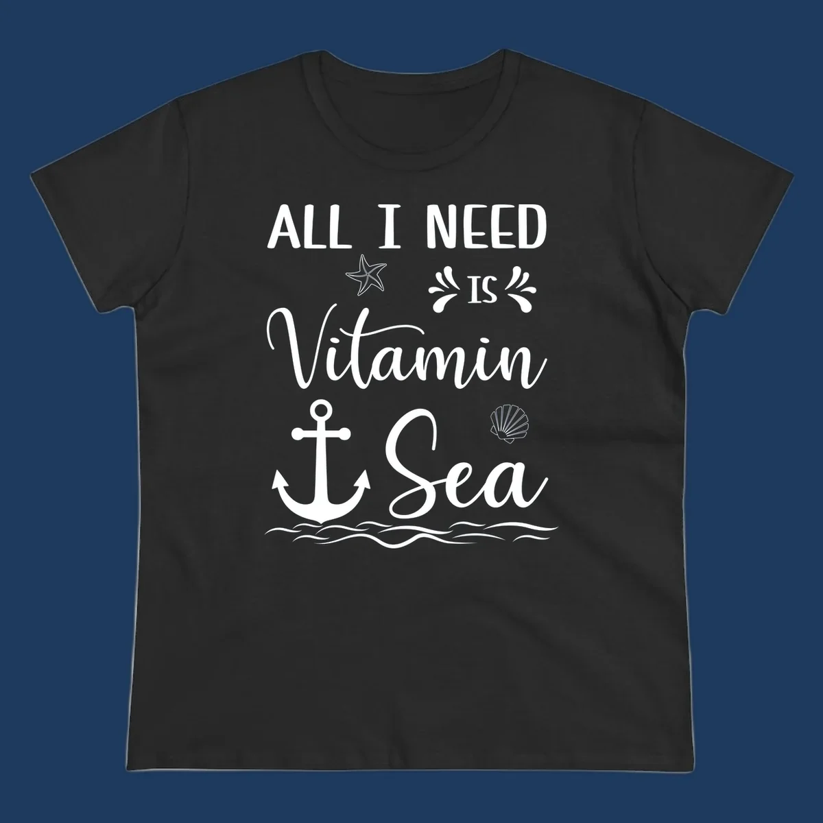 Vitamin sea cruise design with white anchor, starfish, seashell, and waves on gray background