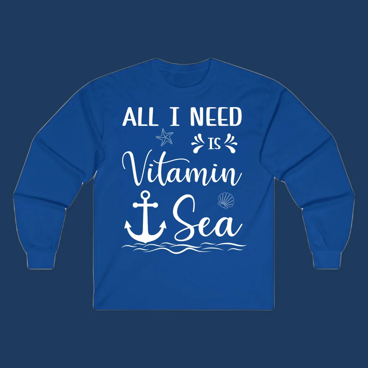 Vitamin sea cruise design with white anchor, starfish, seashell, and waves on gray background
