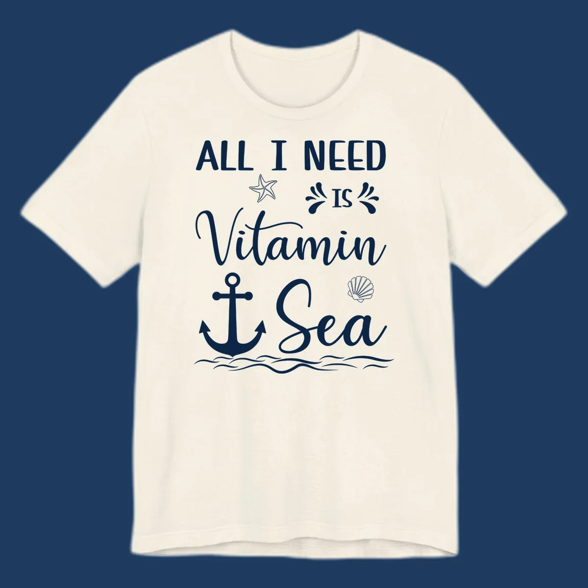 Vitamin sea cruise design with white anchor, starfish, seashell, and waves on gray background