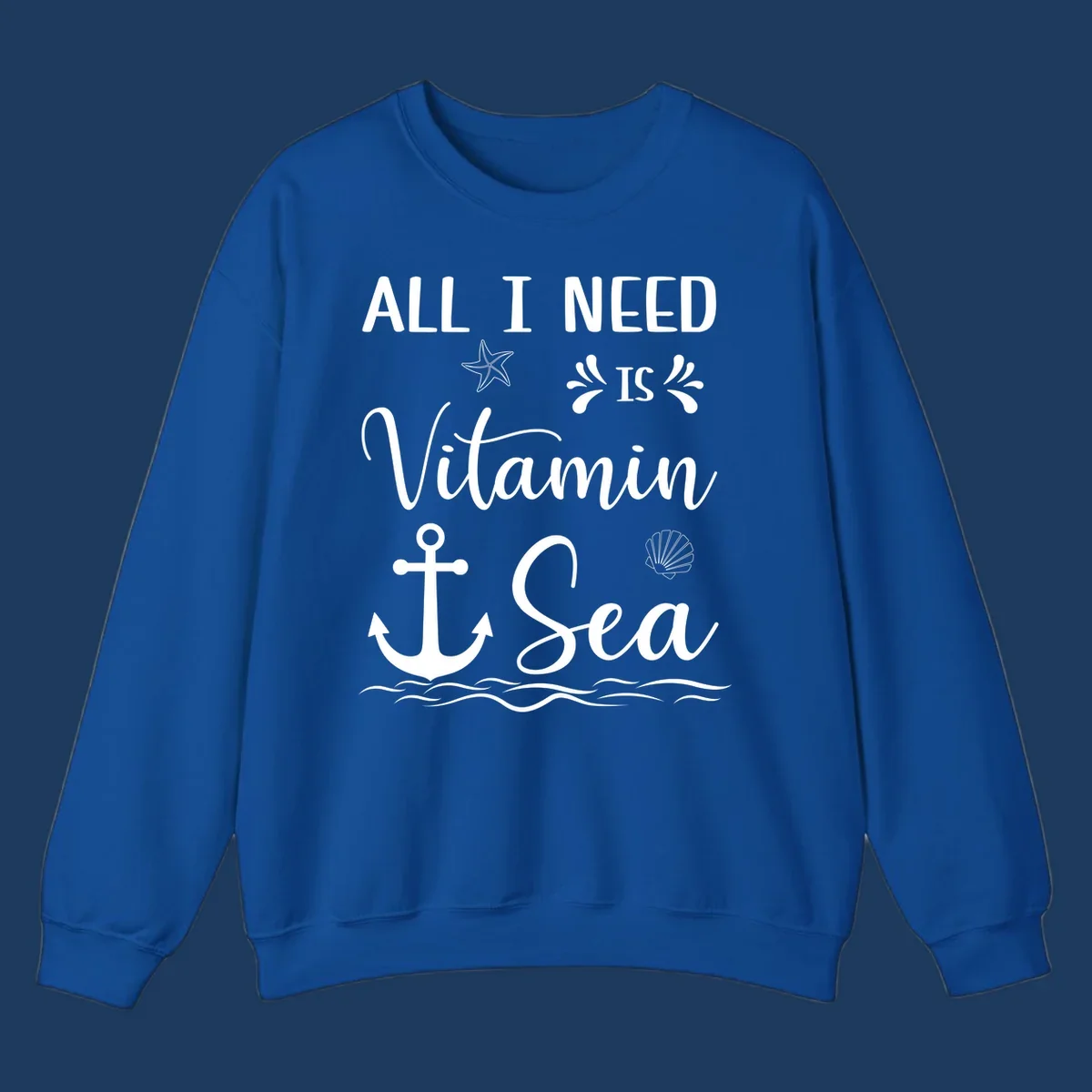 Vitamin sea cruise design with white anchor, starfish, seashell, and waves on gray background