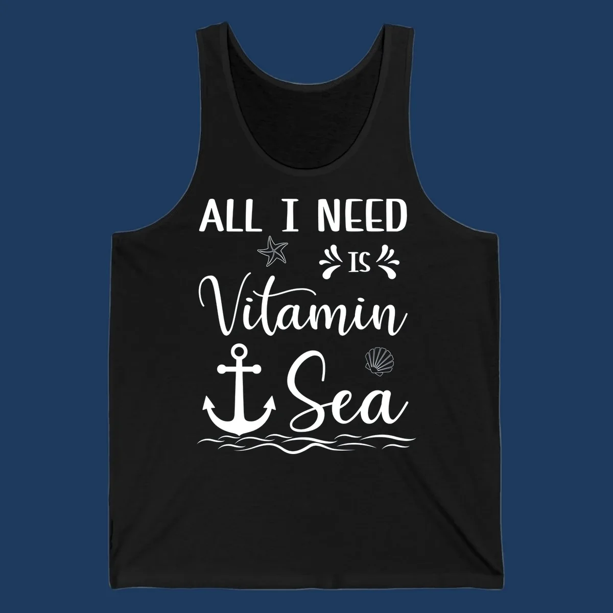 Vitamin sea cruise design with white anchor, starfish, seashell, and waves on gray background